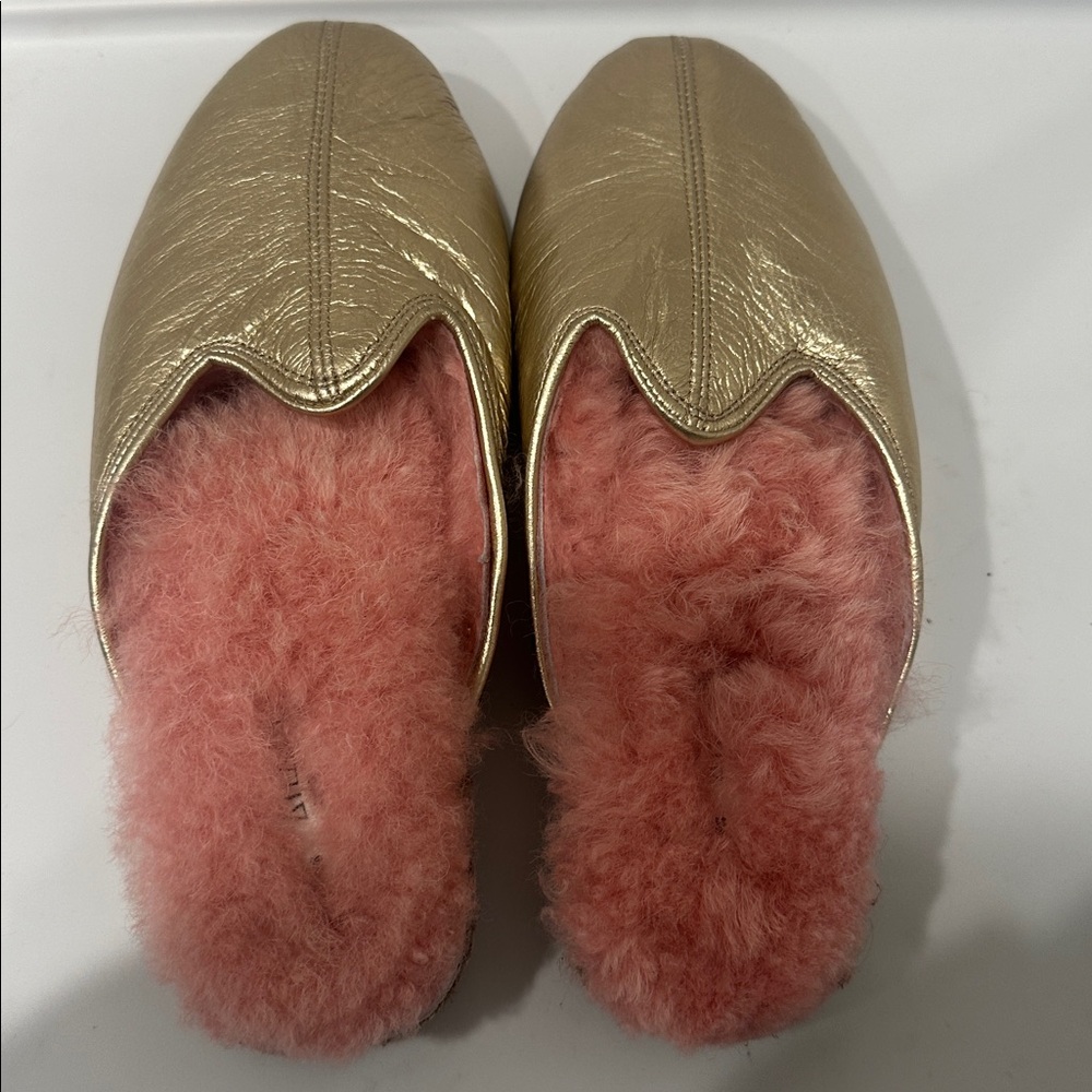 Atlantis gold slippers Shoes pink shearling fur slides Turkish size 6 arty